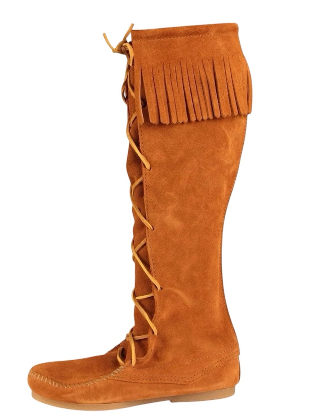 Minnetonka Women's 7 India Brown Suede Fringe Knee-High Lace-Up Moccasin Boots - Picture 2 of 8